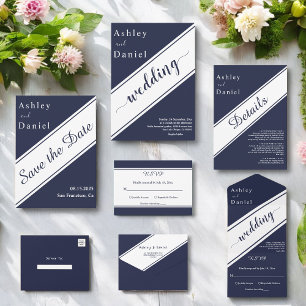 Elegant Chic Navy Blue White Luxury Modern Wedding All In One Invitation