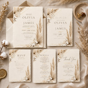 Neutral Pampas Elegance Boho Wedding Invitation