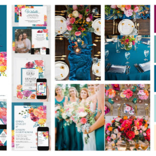 Bright Summer colourful turquoise floral Wedding I Invitation