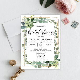 Elegant gold geometric frame succulent wedding invitation