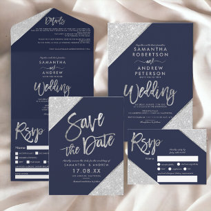 Silver glitter script navy blue save the date