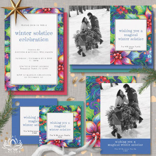 Winter Solstice Pink Poinsettia Holly Photo Holiday Card