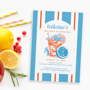 Lemon Cocktail Coastal Blue Orange Birthday Party Invitation
