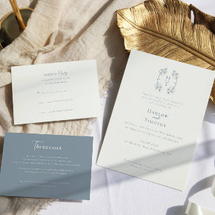 Elegant Monogram Floral Crest Dusty Blue Wedding Invitation