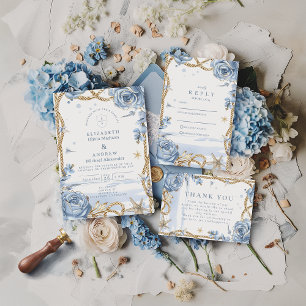 Blue Rose Coastal Rope Wedding Invitation
