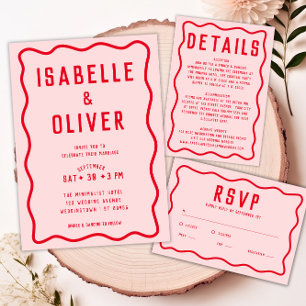 Bold Bright Pink Red Squiggle Wavy Retro Curve RSVP Card
