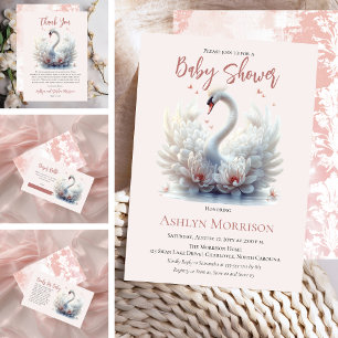 Beautiful Swan Pink Floral Damask Girl Baby Shower Invitation