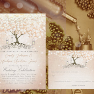 Purple Pink Burgundy Wine Heart Leaf Tree Wedding Tri-Fold Invitation
