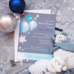 Blue & Grey Christmas Baby Boy Shower Invitation