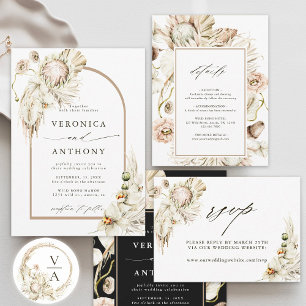 Boho Protea Pampas Grass Floral Wedding Black Invitation