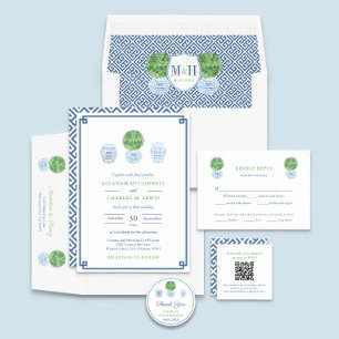 Preppy Green And Blue Hand Painted Boxwood Wedding Invitation