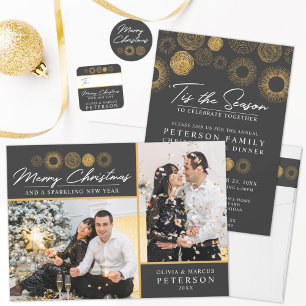 Retro Christmas Gold Burst Holiday Dinner / Party Invitation