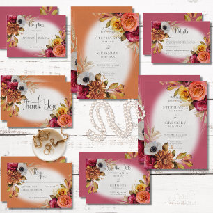 Vintage Floral Rust & Fuchsia Wedding Invitation