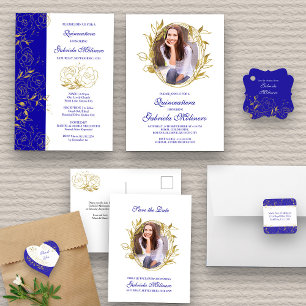 Elegant Royal Blue and Gold Photo Quinceanera Invitation