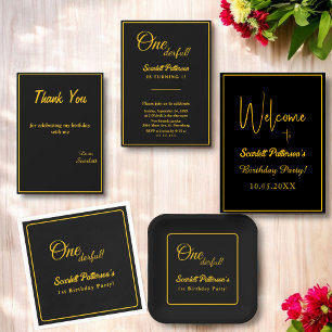 Elegant Chic Black And Gold Minimal 1st Birthday Invitation