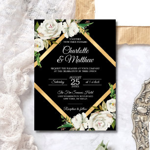 Watercolor Antique White Floral Navy Blue WEDDING Invitation