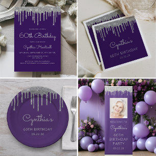 Glam Purple Silver Glitter Drip 60th Birthday Invitation