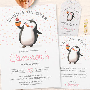 Pink cupcake penguin celebration girl's birthday thank you card