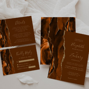 Burnt Orange Agate Gold Brown Wedding RSVP Card