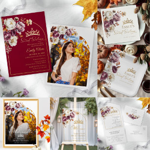 Burgundy Floral Arch Fall Sweet 16 All In One Invitation