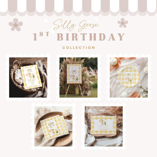  Yellow Gingham Silly Goose 1st Birthday Invitation