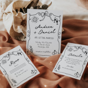 Whimsical Romantic Hand drawn Black White Wedding  Save The Date