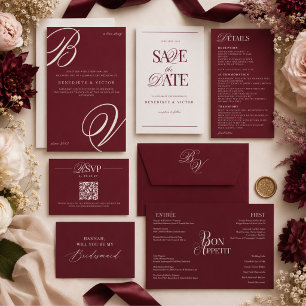 Burgundy Ivory Monogram Wedding Invite