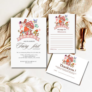 Fairy First Birthday cute Watercolor Mushroom  Invitation