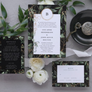 Premium Black Golden Circles Monogram Eucalyptus Invitation