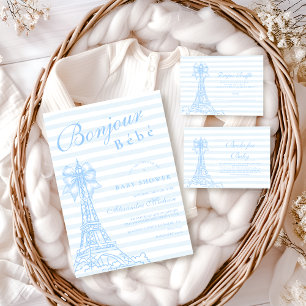 Blue  Bow Bonjour Bebe Baby Shower Invitation