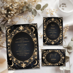 Tarot Celestial Wedding Sun Moon Stars Gold All In One Invitation