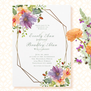 Peach Purple Watercolor Floral Elegant Wedding Invitation
