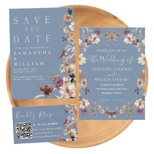 Boho Wildflower Rustic Periwinkle Save The Date Invitation