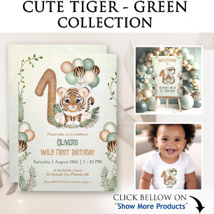 Cute Tiger Wild One Boy 1st Birthday Green  Wrapping Paper