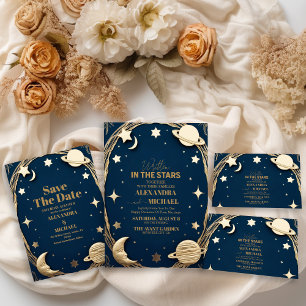 Celestial Navy Gold Crescent Moon Wedding Invitation