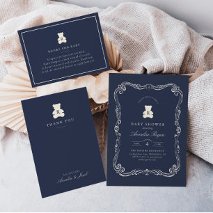 Vintage Monogram Navy Blue Teddy Bear Baby Shower Thank You Card