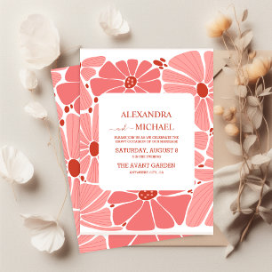 Groovy modern pink daisy wedding all in one invitation