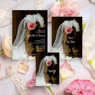 Pink Country Rose and Cowboy Boots Western Wedding RSVP Card