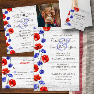 Save The Date Rustic Wood Red Poppy 4-Photo Card
