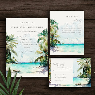 Tropical Sand Beach Watercolor Palm Trees Wedding Table Number