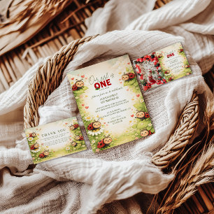 Photo Rustic Floral Lady Bug 1st Birthday Invitation