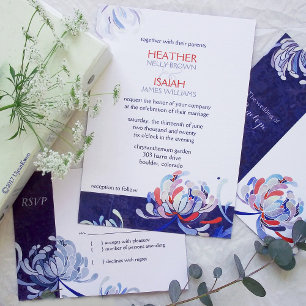 Modern Floral Navy Blue Wedding Invitation