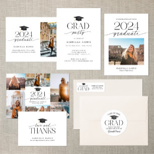 Modern Black and White Script Collage Graduation Announcement