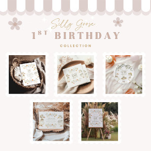 Silly Goose 1st Birthday Neutral Floral  Invitation