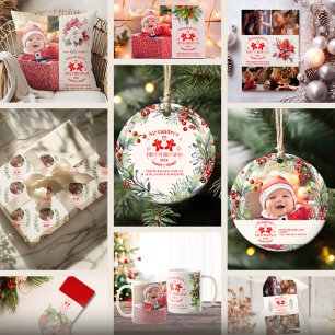 Photo Elegant Floral Baby's First Christmas Wrapping Paper