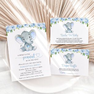 Elephant, Blue Watercolor Flowers, Baby Shower Invitation