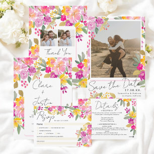 Vibrant Spring Summer Floral 3-Photo Wedding Thank You Card