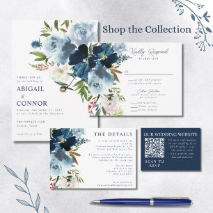 Navy & Dusty Blue Elegant Floral Watercolor Invitation