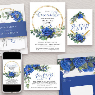 Blue Rose and Eucalyptus Elegant Quinceanera RSVP Card