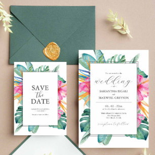 Destination Wedding Invitations Tropical Flowers